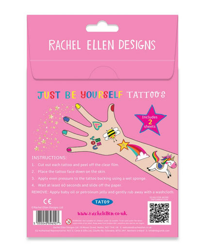 Back of the Rachel Ellen Just Be Yourself temporary tattoo wallet; shows application instructions, two-sheet contents, hand tattoo examples, colourful designs, barcode, CE marking and QR code