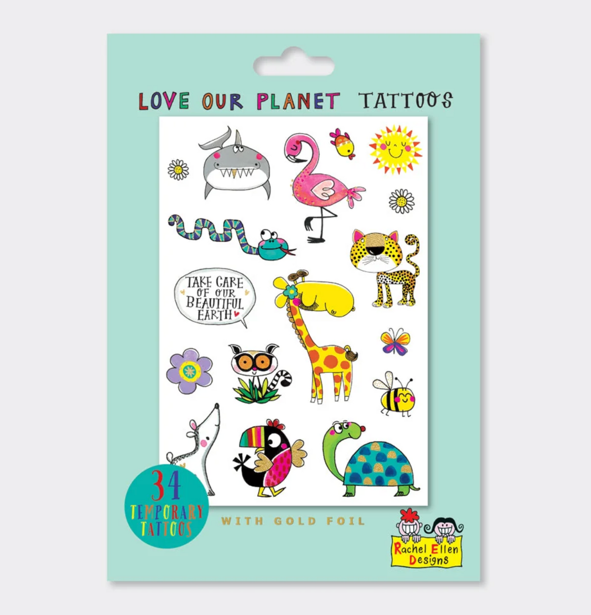 Rachel Ellen Love Our Planet temporary tattoo wallet in aqua green; front shows 34 gold foil tattoos including flamingo, shark, snake, leopard, giraffe, owl, toucan, turtle, bee, flowers and a smiling sun
