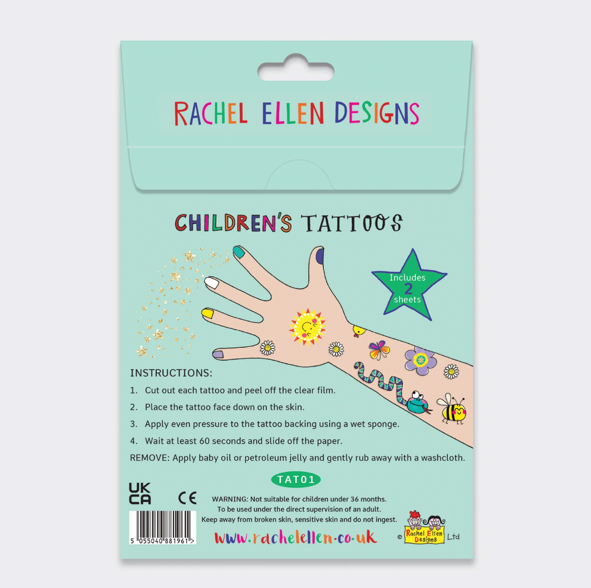 Child's arms decorated with Rachel Ellen Love Our Planet temporary tattoos including a leopard, pink flamingo, white animal and owl designs
