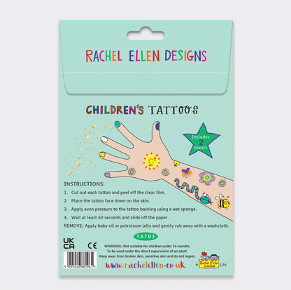 Child's arms decorated with Rachel Ellen Love Our Planet temporary tattoos including a leopard, pink flamingo, white animal and owl designs