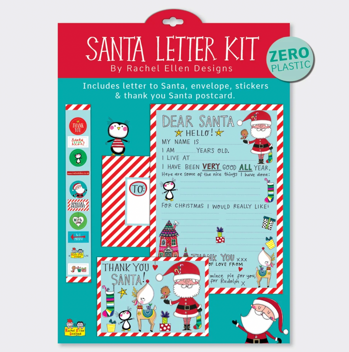 Rachel Ellen Santa Letter Kit in zero-plastic cardboard packaging; includes a Dear Santa letter, matching red-and-white striped envelope, Christmas stickers and Thank You Santa postcard