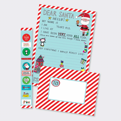 Rachel Ellen Santa Letter Kit contents arranged on a white background, showing the fill-in Dear Santa letter, striped envelope and Christmas sticker strip
