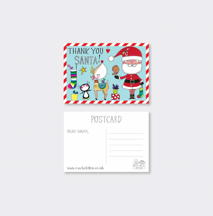 Rachel Ellen Thank You Santa postcard shown front and back; festive front features Santa, a reindeer, penguin, stocking and presents, with a writing area on the reverse
