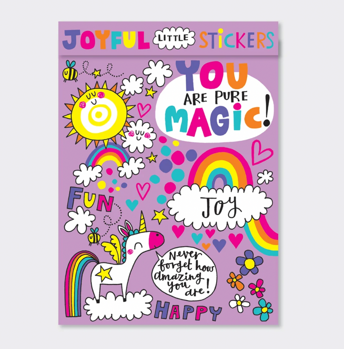 Rachel Ellen Joyful Little Stickers book with lavender cover; shaped stickers include a smiling sun, rainbows, unicorn, bees, flowers, hearts, stars and clouds, with You Are Pure Magic, Joy and Happy messages