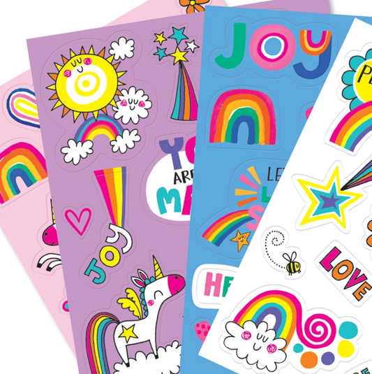 Rachel Ellen Joyful Little Stickers sheets spread together, showing shaped rainbow, unicorn, sun, star, bee, heart and positive message stickers in bright colours⠋