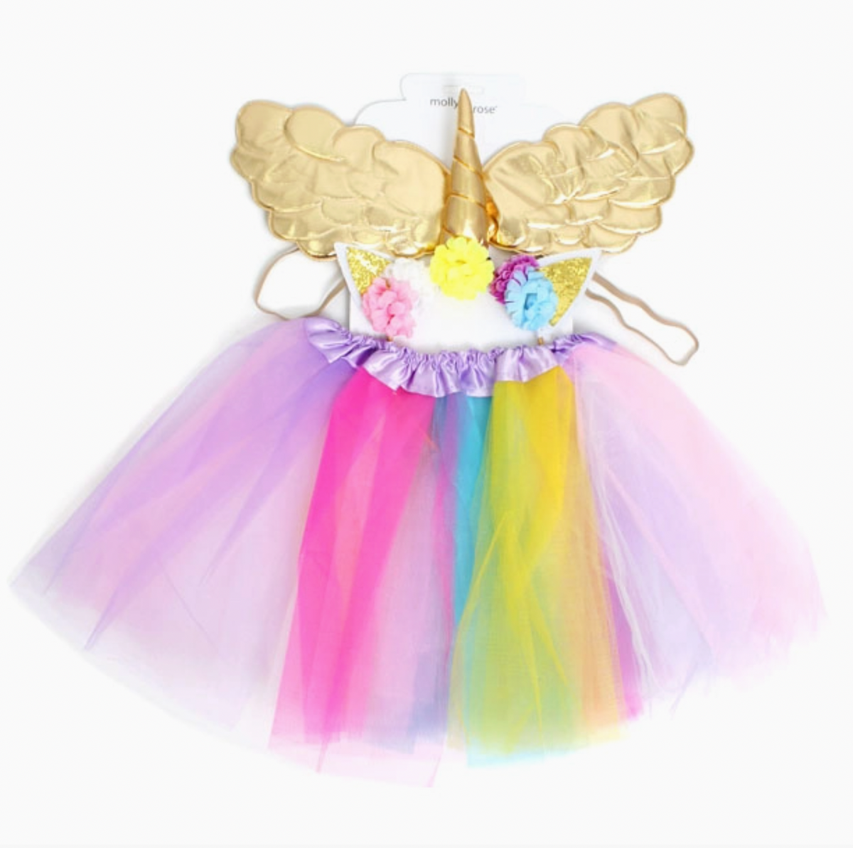 Molly & Rose unicorn and rainbow tutu dress-up set with gold unicorn horn aliceband, pastel flower details, shiny gold wings and double-layer rainbow tulle skirt