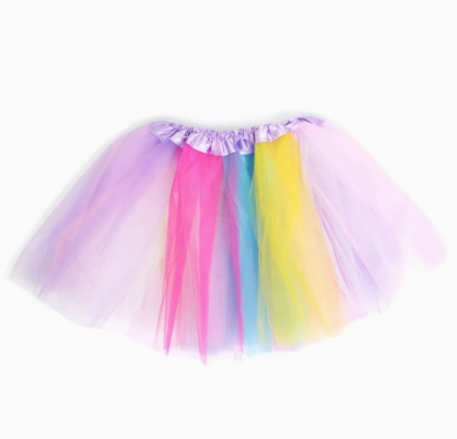 Complete Molly & Rose unicorn rainbow dress-up set arranged together, showing gold wings, flower-trimmed unicorn aliceband and colourful layered tutu⠋