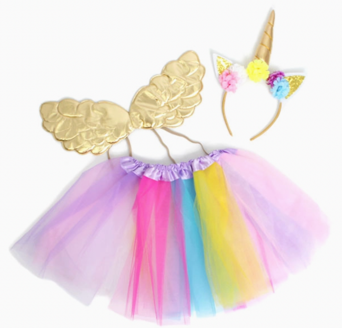 Close-up of the Molly & Rose rainbow tutu showing the gathered lilac satin waistband and fine pink, lilac, blue and yellow tulle texture