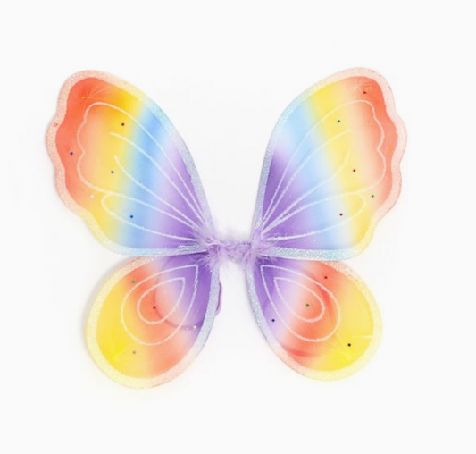 Molly & Rose pastel rainbow fairy wings laid flat; four wings show pink, peach, yellow, blue and lilac colour gradients, frosty glitter, white vein detailing and sequin stars