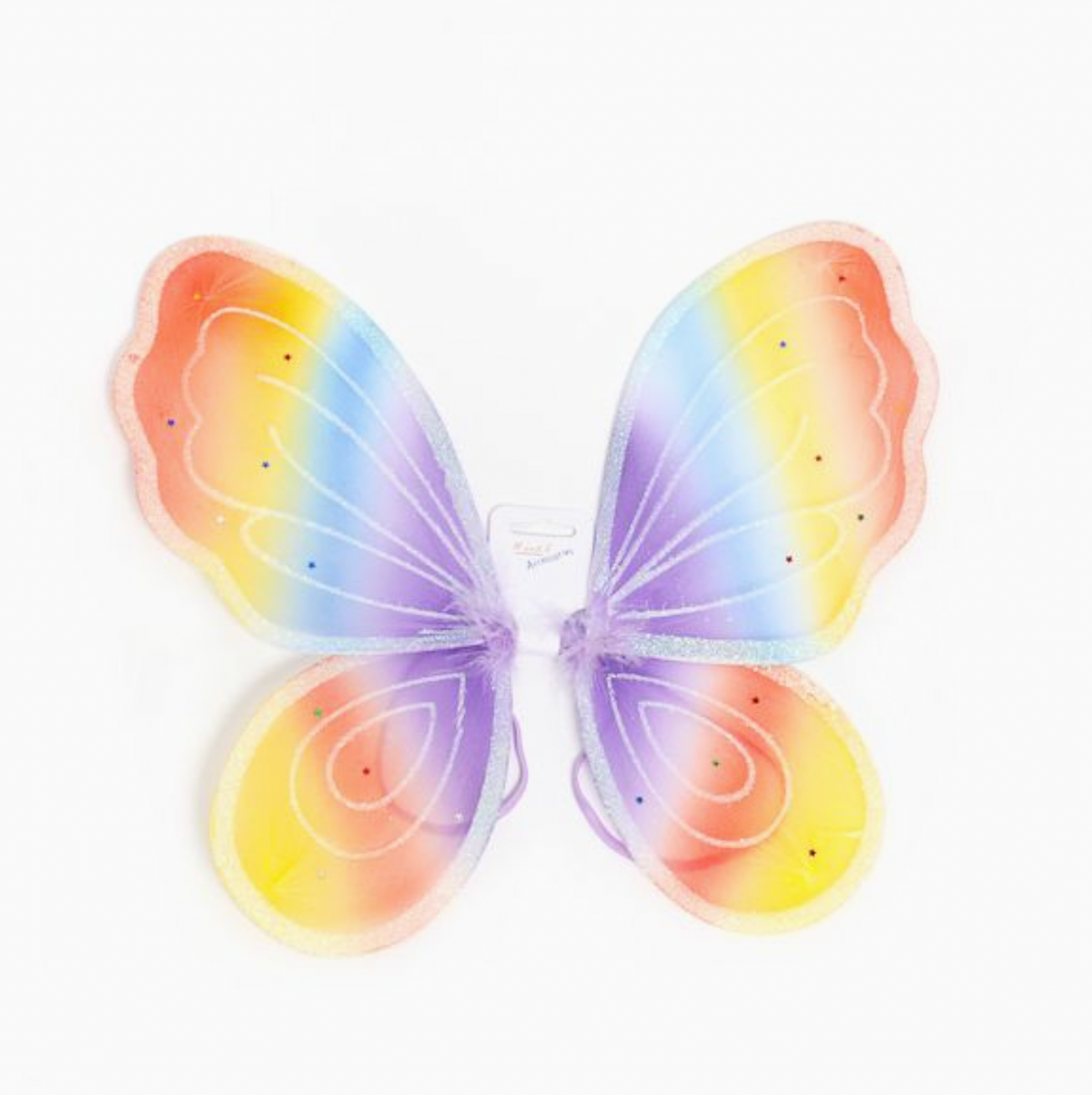 Molly & Rose pastel rainbow fairy wings shown from the back on a white background; four translucent wings have pink, peach, yellow, blue and lilac gradients with glitter and sequin stars