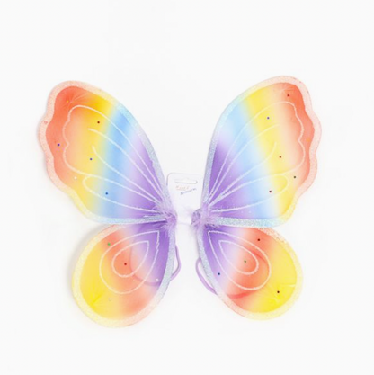 Molly & Rose pastel rainbow fairy wings shown from the back on a white background; four translucent wings have pink, peach, yellow, blue and lilac gradients with glitter and sequin stars