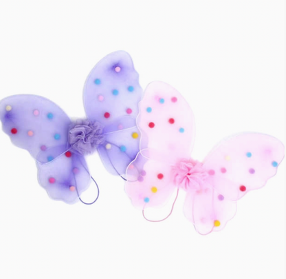 Molly & Rose Pom Pom Fairy Wings shown in lilac and pink variants; small net wings feature multi-coloured pompoms and gathered centre ruffles