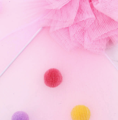 Pink pair of Molly & Rose Pom Pom Fairy Wings isolated on a white background; small net wings are decorated with multi-coloured pompoms and a centre ruffle