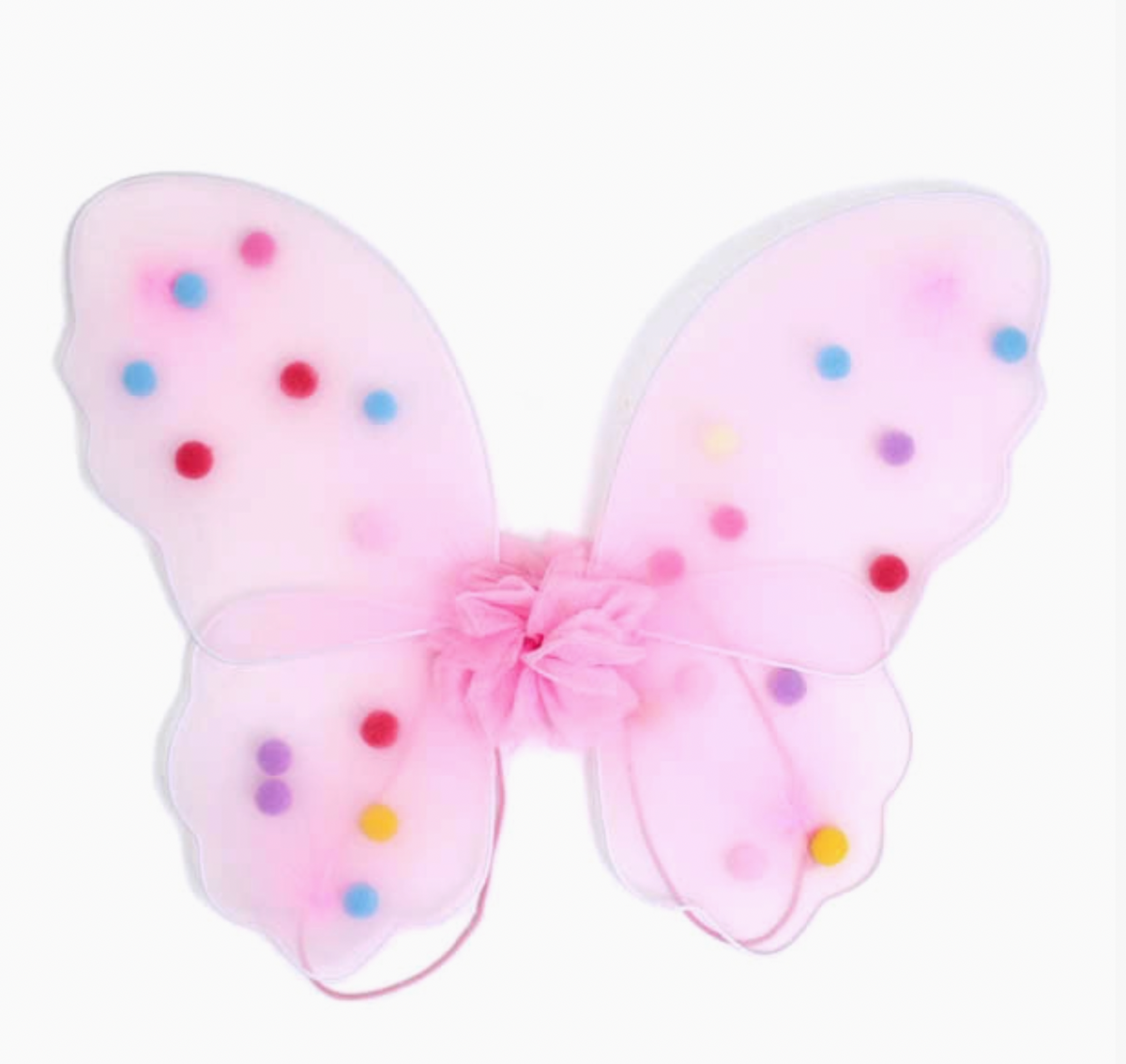 Child wearing lilac Molly & Rose Pom Pom Fairy Wings over a checked dress; matching elastic straps and colourful pompom details visible across the small net wings