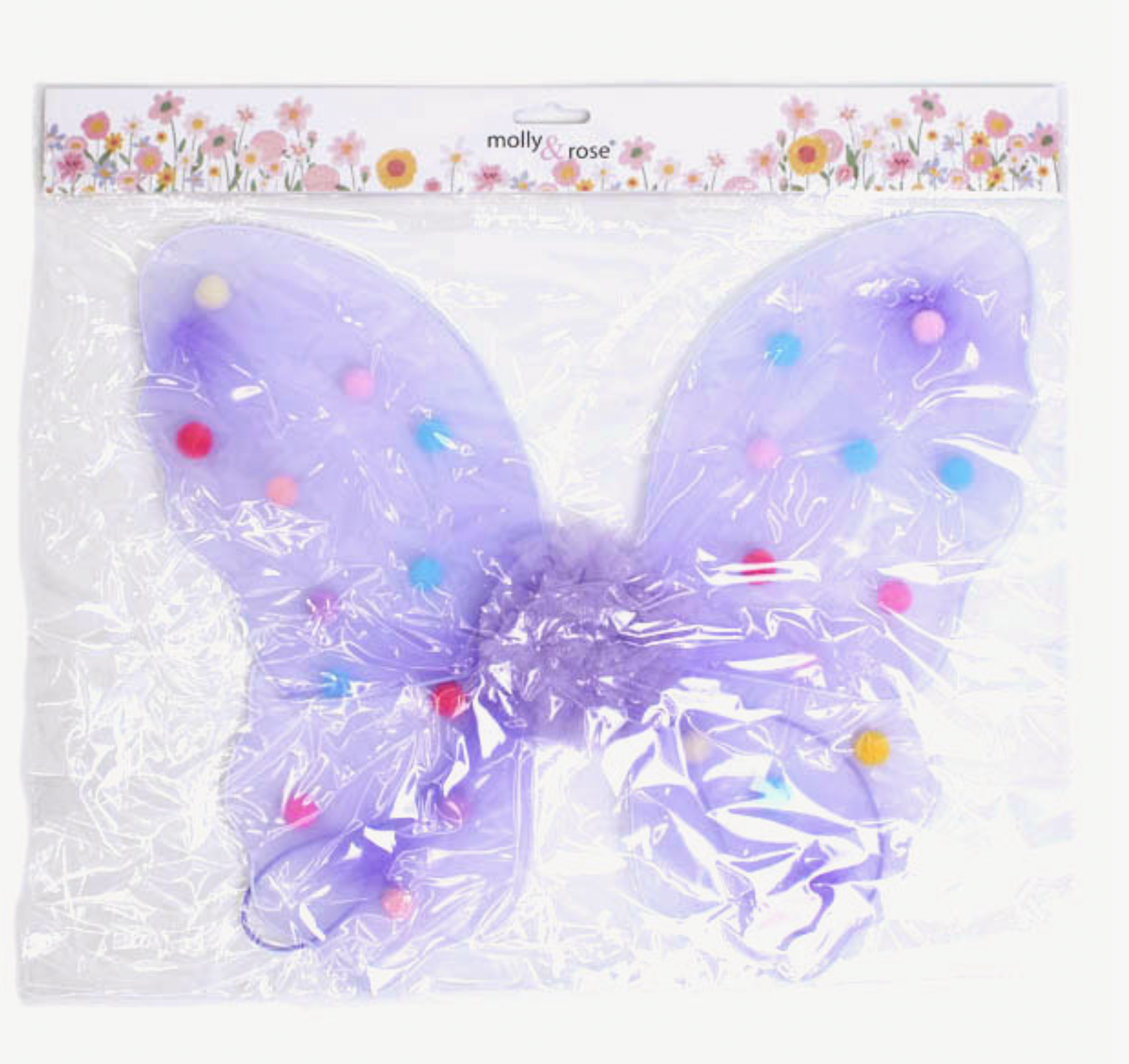 Close-up of pink Molly & Rose Pom Pom Fairy Wings showing the fine net fabric, gathered pink centre ruffle and red, purple and yellow pompoms