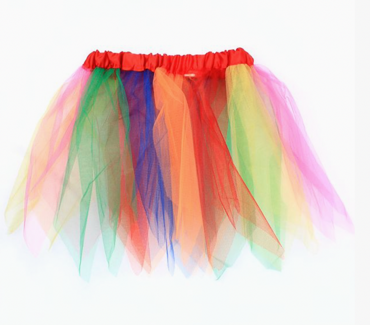 Molly & Rose rainbow tutu skirt with pointed hem, red waistband and bright green, blue, orange, red, yellow and pink net panels