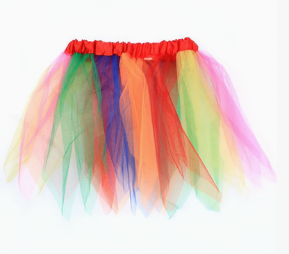 Molly & Rose rainbow tutu skirt with pointed hem, red waistband and bright green, blue, orange, red, yellow and pink net panels