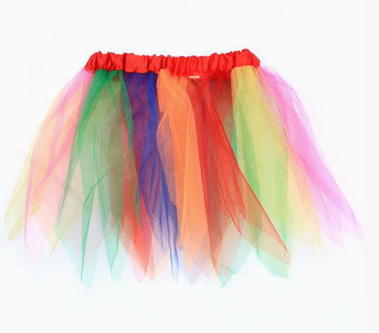 Molly & Rose rainbow tutu skirt with pointed hem, red waistband and bright green, blue, orange, red, yellow and pink net panels