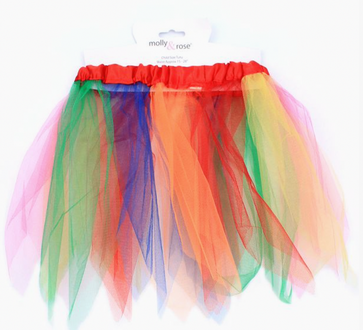 Molly & Rose rainbow tutu shown on a display card; child-size skirt has a gathered red waistband and vertical panels of green, blue, orange, red, yellow and pink netting