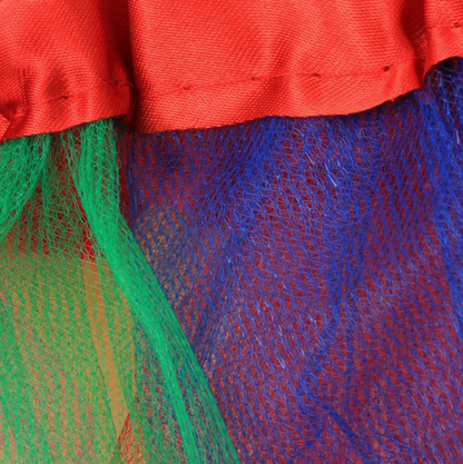 Close-up of Molly & Rose rainbow tutu fabric showing the red waistband and open net texture in green and deep blue panels