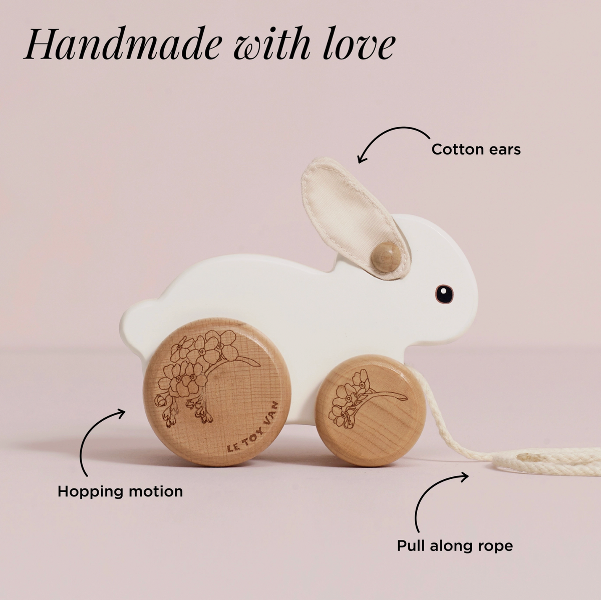 Pull Along Rabbit by Le Toy Van, a charming wooden rabbit companion with soft felt ears that hops along as little ones walk.