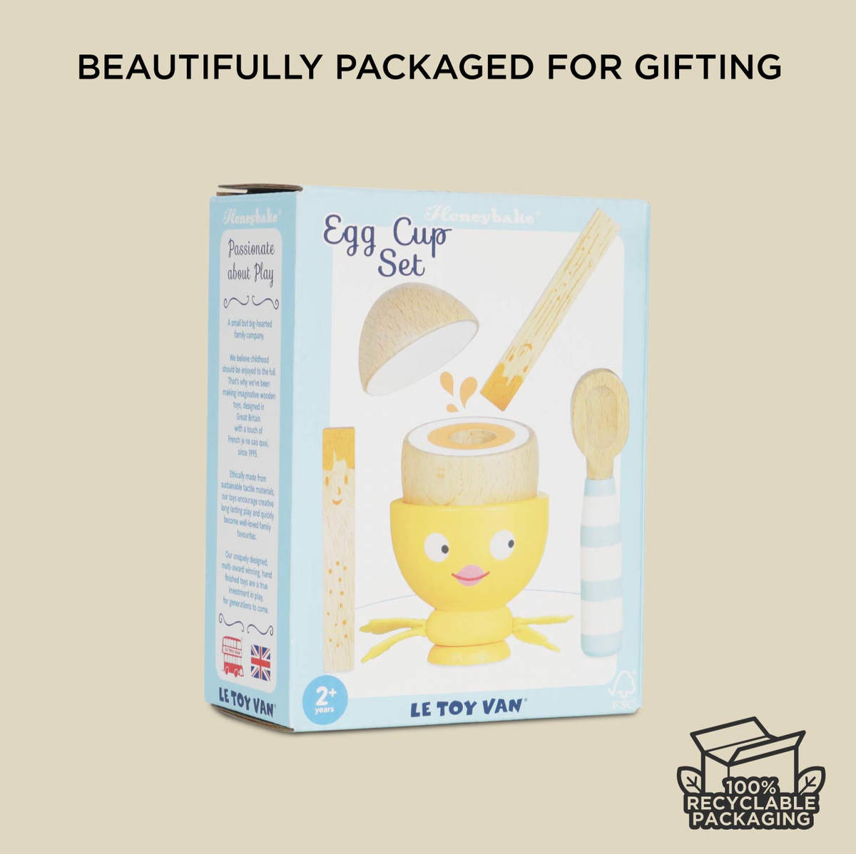 Wooden Egg Cup & Soldiers by Le Toy Van, a pretend breakfast toy set with hand-painted toast and stitched felt-wing egg cup details.