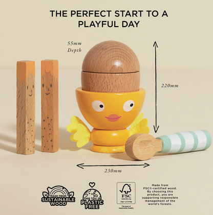 Le Toy Van Wooden Egg Cup & Soldiers pretend breakfast set with a felt-wing egg cup, magnetic wooden egg, two hand-painted toast soldiers and wooden spoon.