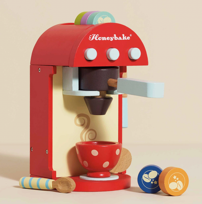 Le Toy Van pretend café coffee machine set for budding baristas, with wooden pods and accessories for make-believe coffee play.