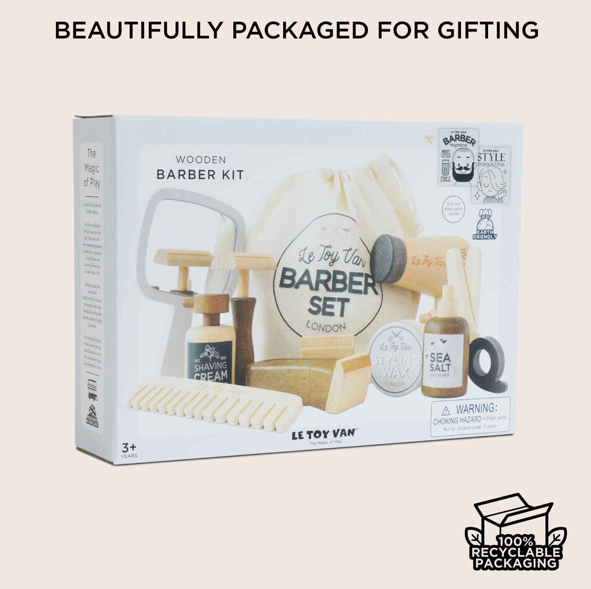 Hairdresser & Barber Set by Le Toy Van, a pretend salon toy set with wooden grooming accessories and storage bag.