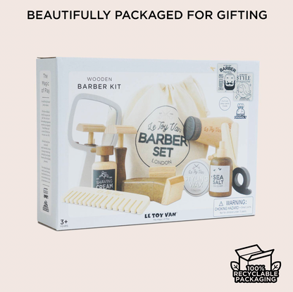 Hairdresser & Barber Set by Le Toy Van, a pretend salon toy set with wooden grooming accessories and storage bag.