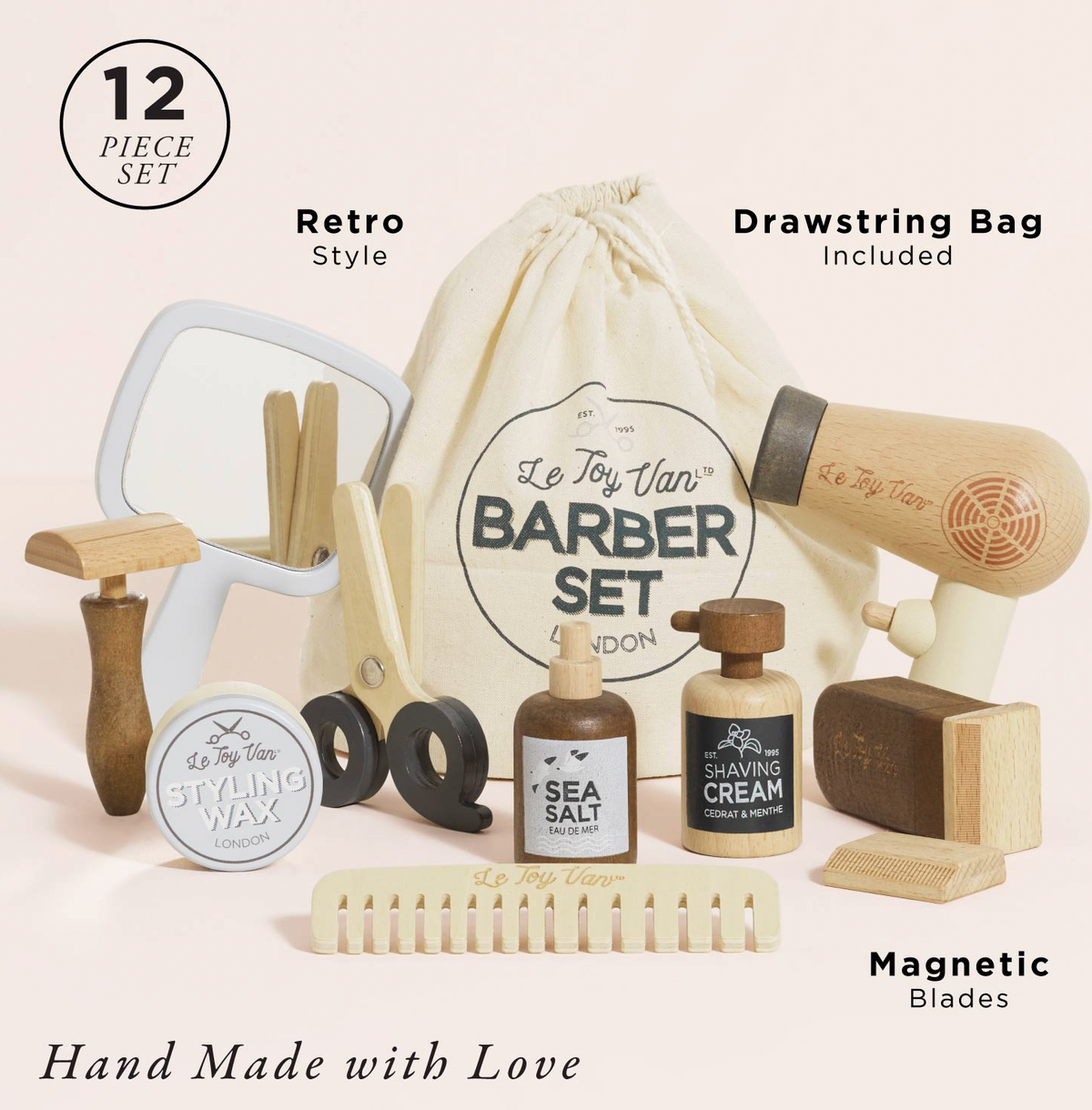 Le Toy Van Hairdresser & Barber Set, a wooden pretend-play grooming kit with 12 accessories and a cotton storage bag.
