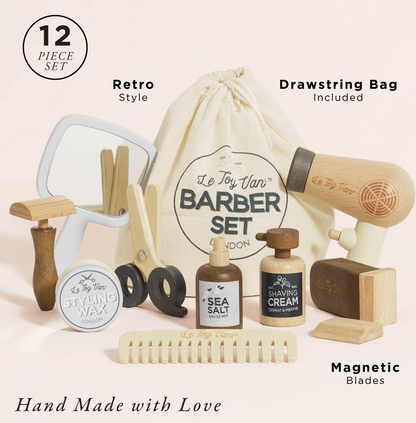 Le Toy Van Hairdresser & Barber Set, a wooden pretend-play grooming kit with 12 accessories and a cotton storage bag.