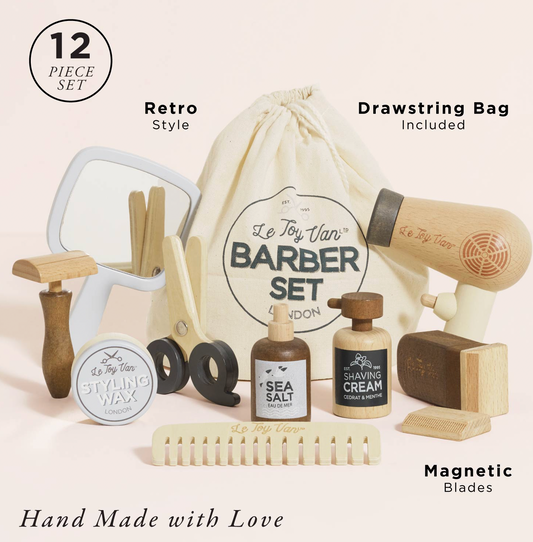 Le Toy Van Hairdresser & Barber Set, a wooden pretend-play grooming kit with 12 accessories and a cotton storage bag.