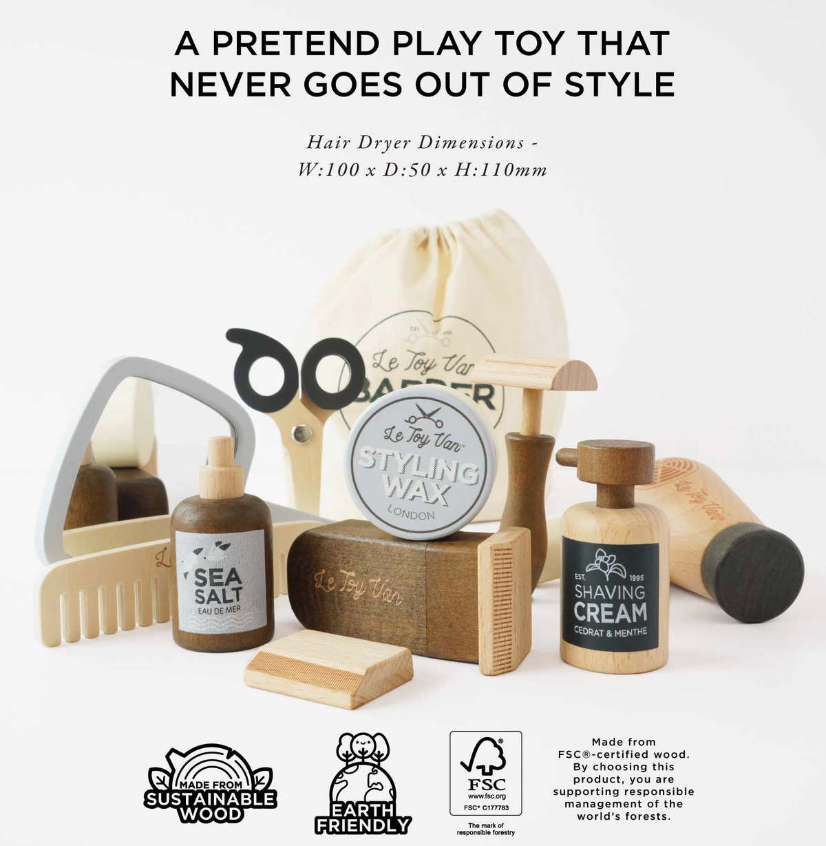 Children’s wooden salon play set by Le Toy Van, a Hairdresser & Barber Set with detailed grooming accessories.⠋