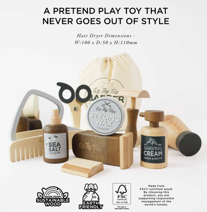 Children’s wooden salon play set by Le Toy Van, a Hairdresser & Barber Set with detailed grooming accessories.⠋