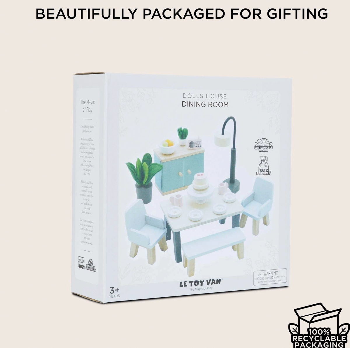 Le Toy Van wooden dolls' house dining room set with 18 pieces and contemporary styling for miniature living.