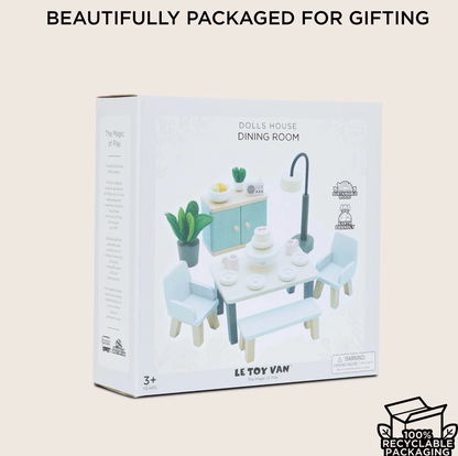 Le Toy Van wooden dolls' house dining room set with 18 pieces and contemporary styling for miniature living.