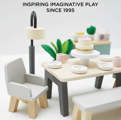 18-piece wooden dollhouse dining furniture from Le Toy Van, made for imaginative stories in a miniature home.