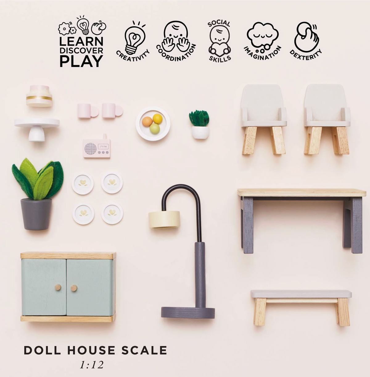 Le Toy Van Dining Room Doll House Furniture, a detailed wooden furniture set for pretend play and miniature storytelling.