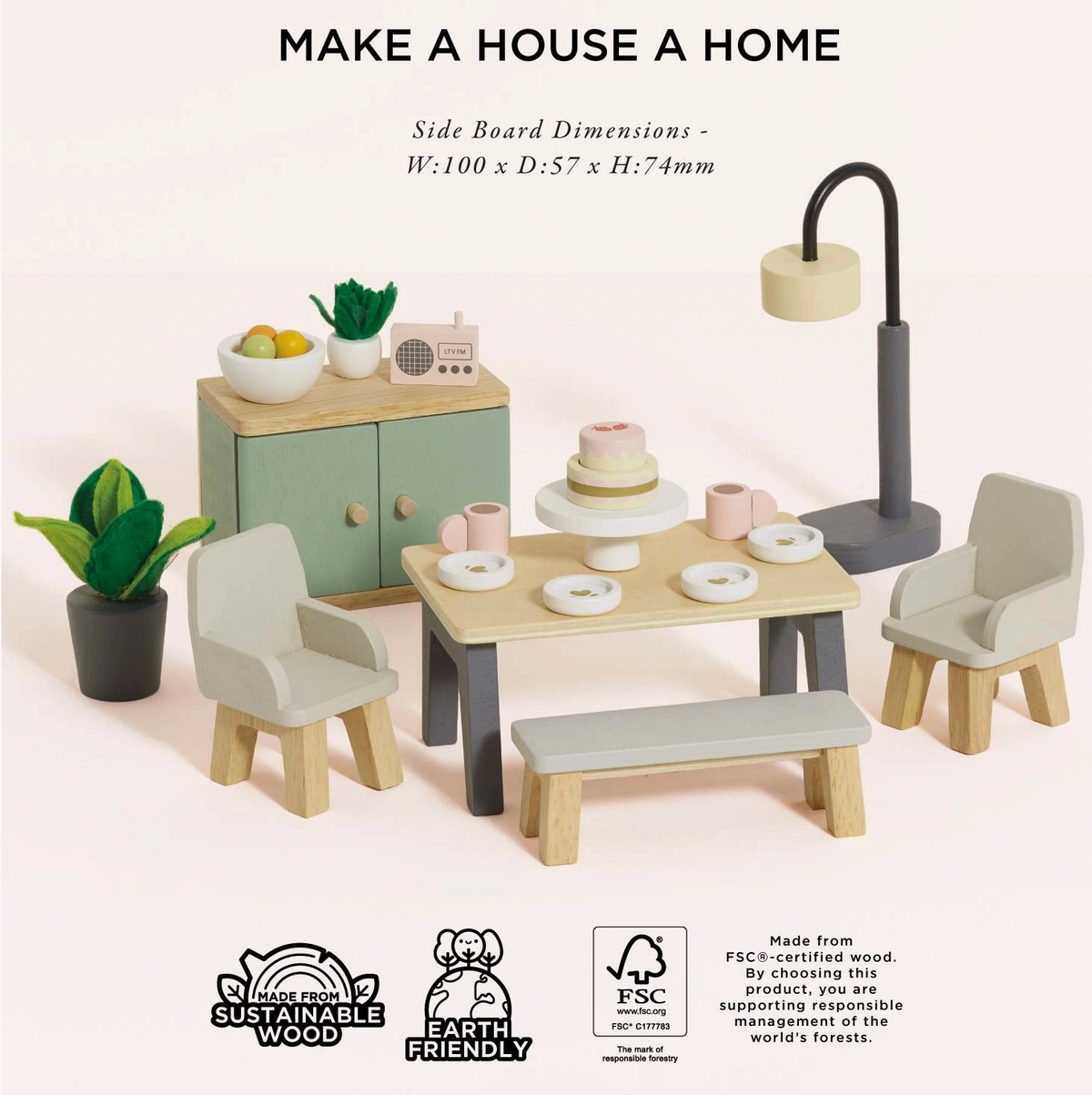 Le Toy Van 18-piece wooden dining room furniture set for dolls' houses, designed for miniature imaginative play.