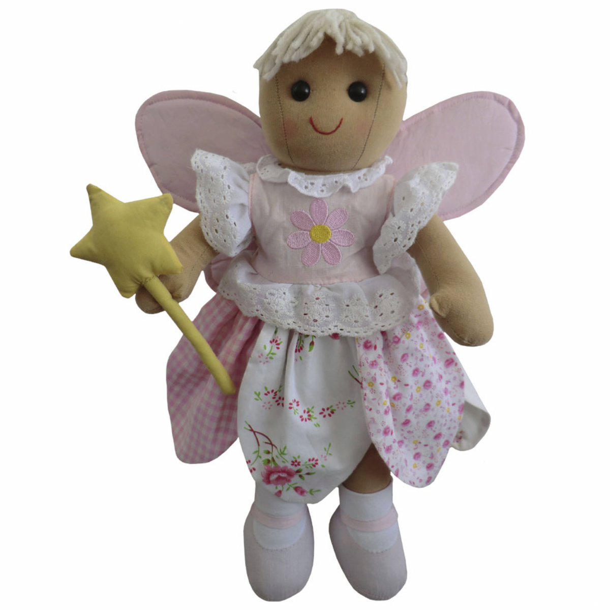 Powell Craft Fairy Rag Doll, 40cm tall, with blonde hair in a bun, pink daisy-appliquéd bodice, petal-shaped floral skirt, pale pink wings and yellow wand.