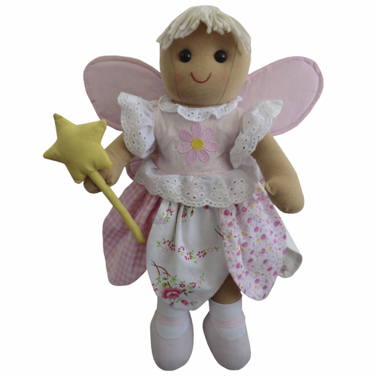 Powell Craft Fairy Rag Doll, 40cm tall, with blonde hair in a bun, pink daisy-appliquéd bodice, petal-shaped floral skirt, pale pink wings and yellow wand.