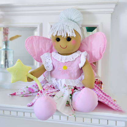 40cm Powell Craft rag doll with 100% cotton outer and hollow-fibre filling, dressed as a fairy in a floral petal skirt.