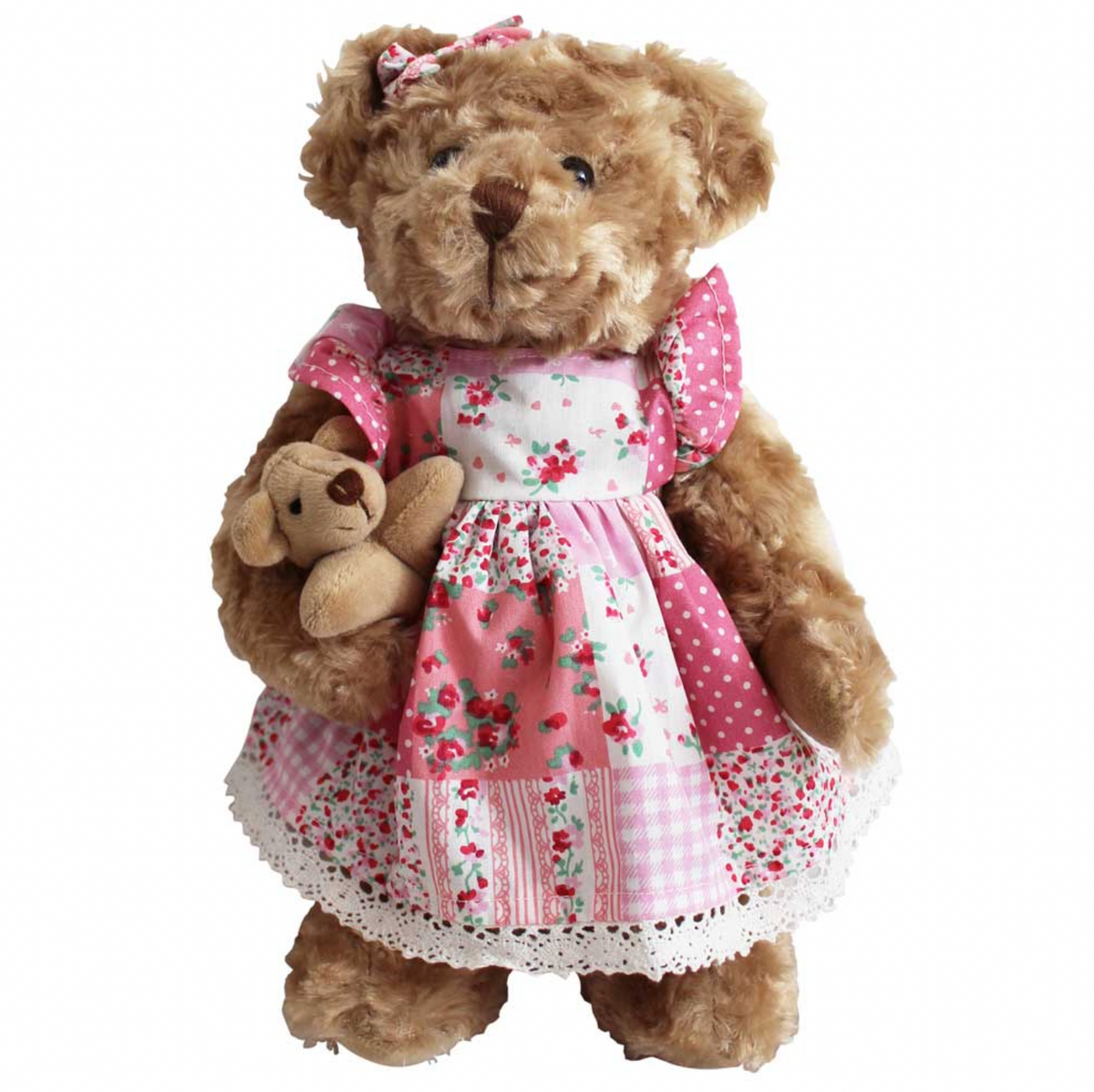 Powell Craft 30cm pink patchwork teddy bear wearing a cotton dress and matching ear bow, with jointed limbs and a tiny velvety teddy companion.