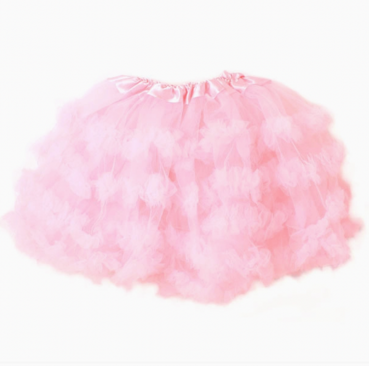 Molly & Rose children's pink ruffle tutu with a double-layered polyester skirt, a gathered net top layer and plain underlayer.