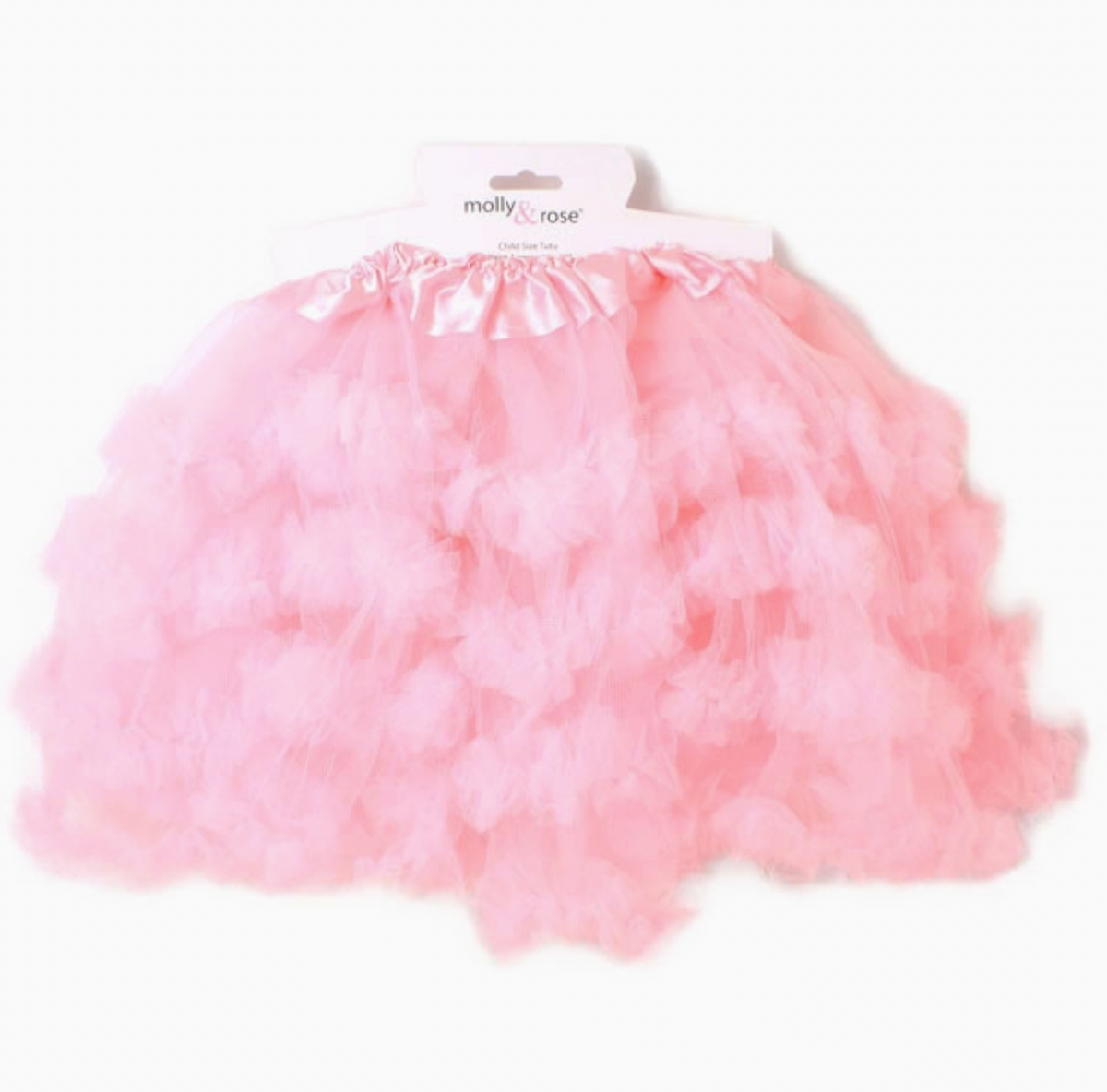 Molly & Rose pink ruffle dress-up tutu with a two-layer skirt, displayed as a children's costume accessory.