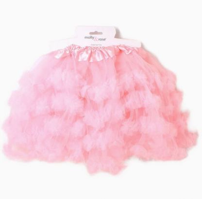 Molly & Rose pink ruffle dress-up tutu with a two-layer skirt, displayed as a children's costume accessory.