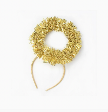 Molly & Rose gold tinsel Christmas halo Alice band with a narrow glitter-covered plastic band, small inner teeth and a circular gold tinsel halo.