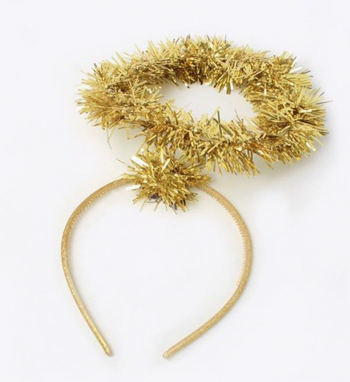 Molly & Rose Christmas halo hairband with a 13 cm gold tinsel halo and a narrow 5 mm glitter Alice band.