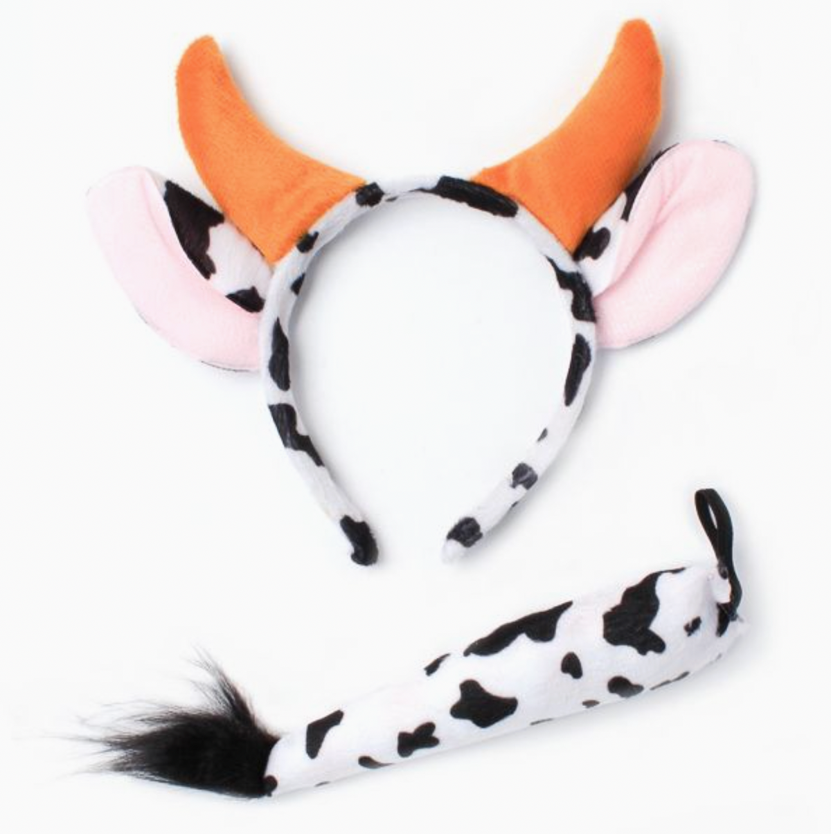 Molly & Rose cow ears and matching tail dress-up set, with ears attached to a plastic Alice band and a tail attached to elastic.